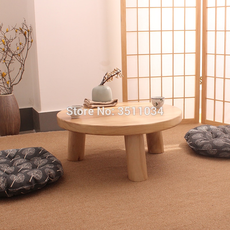 Japanese style burlywood color Round Table Paulownia Wood Traditional Asian Furniture Living Room Low Floor Coffee Table Wooden