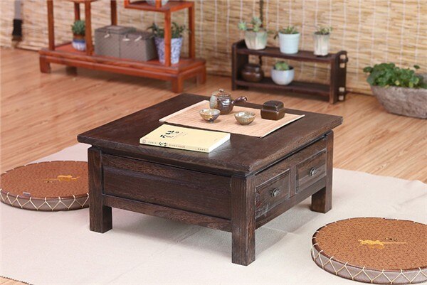 Japanese Antique Tea Table Wooden Cabinet With Two Drawer Square 65cm Paulownia Wood Traditional Asian Living Room Furniture