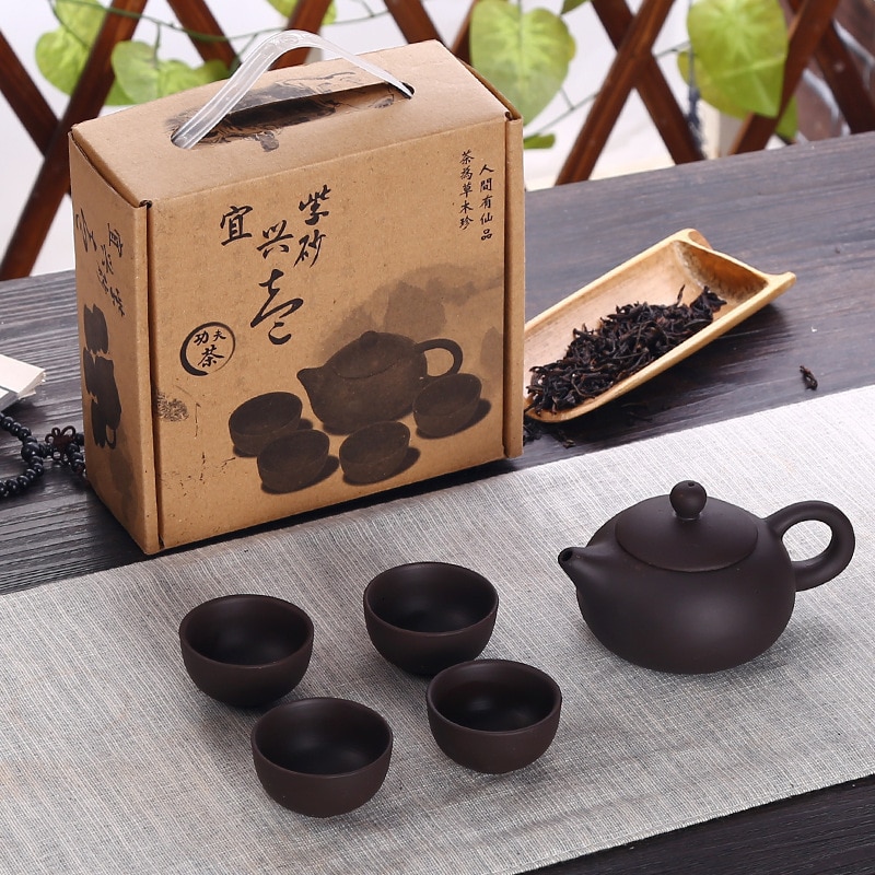 Soffe Purple Sand Ceramic Chiness Kung Fu Teapot Set With 4 Mini Cup And 1 Pot Suitable For Home Office Tea Set Drinkware