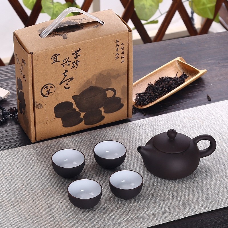 Soffe Purple Sand Ceramic Chiness Kung Fu Teapot Set With 4 Mini Cup And 1 Pot Suitable For Home Office Tea Set Drinkware