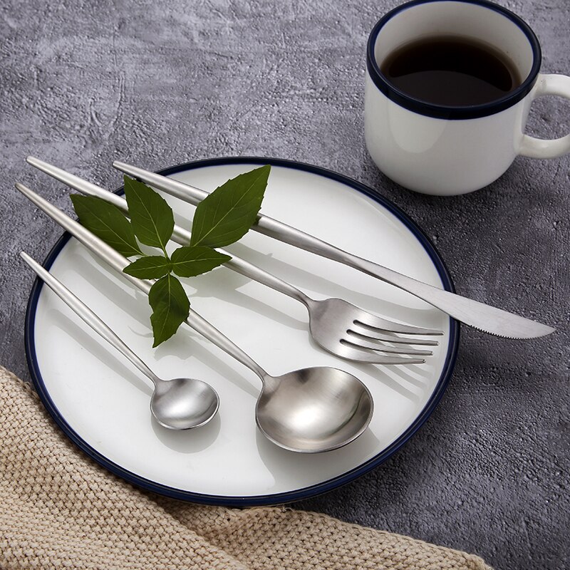 Matte Silver Cutlery Set Chinese Korean Chopsticks Sticks Fork Spoon Knife Set Fruit Dessert Fork Steel Cutlery Metal Tableware