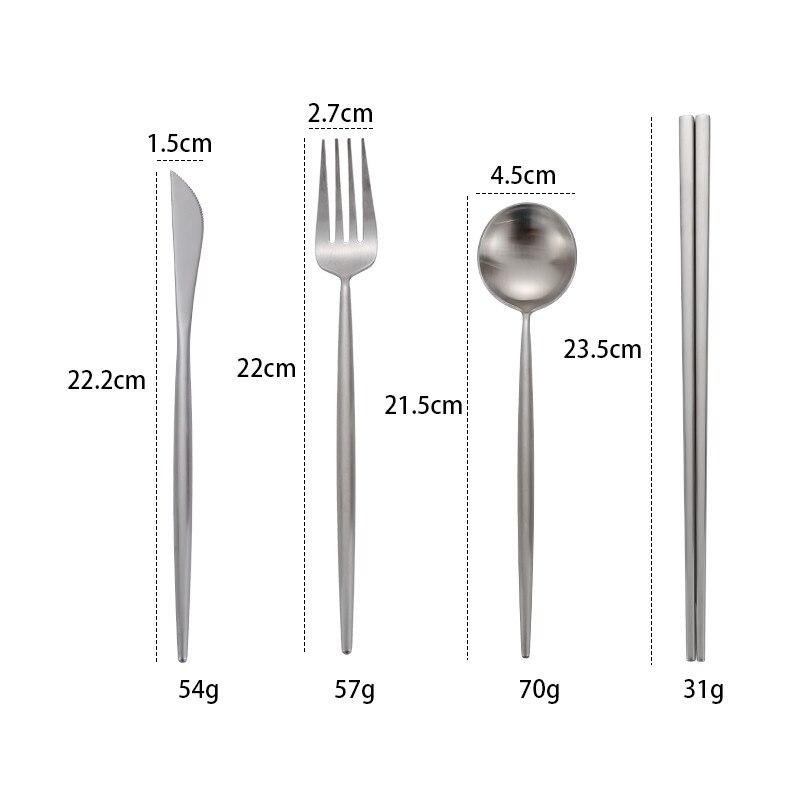 Matte Silver Cutlery Set Chinese Korean Chopsticks Sticks Fork Spoon Knife Set Fruit Dessert Fork Steel Cutlery Metal Tableware