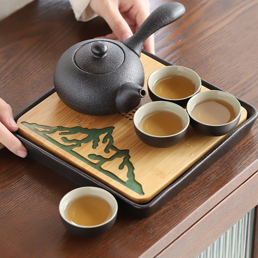 Chinese Style Resin River Design Bamboo Tea Tray For Office House Tea Room Use Round Square Shape Small Tea Pot
