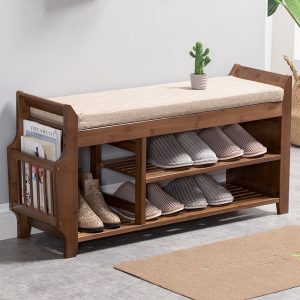 Natural Bamboo Shoe Storage Rack Bench with 2-Tier – Cushioned Seat