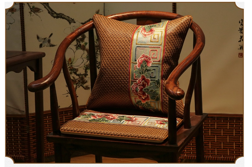 Summer Striped Rattan Pad New Chinese Style Seat Cushion Floral Embroidered Non-slip Chair Cushion Home Party Decoration