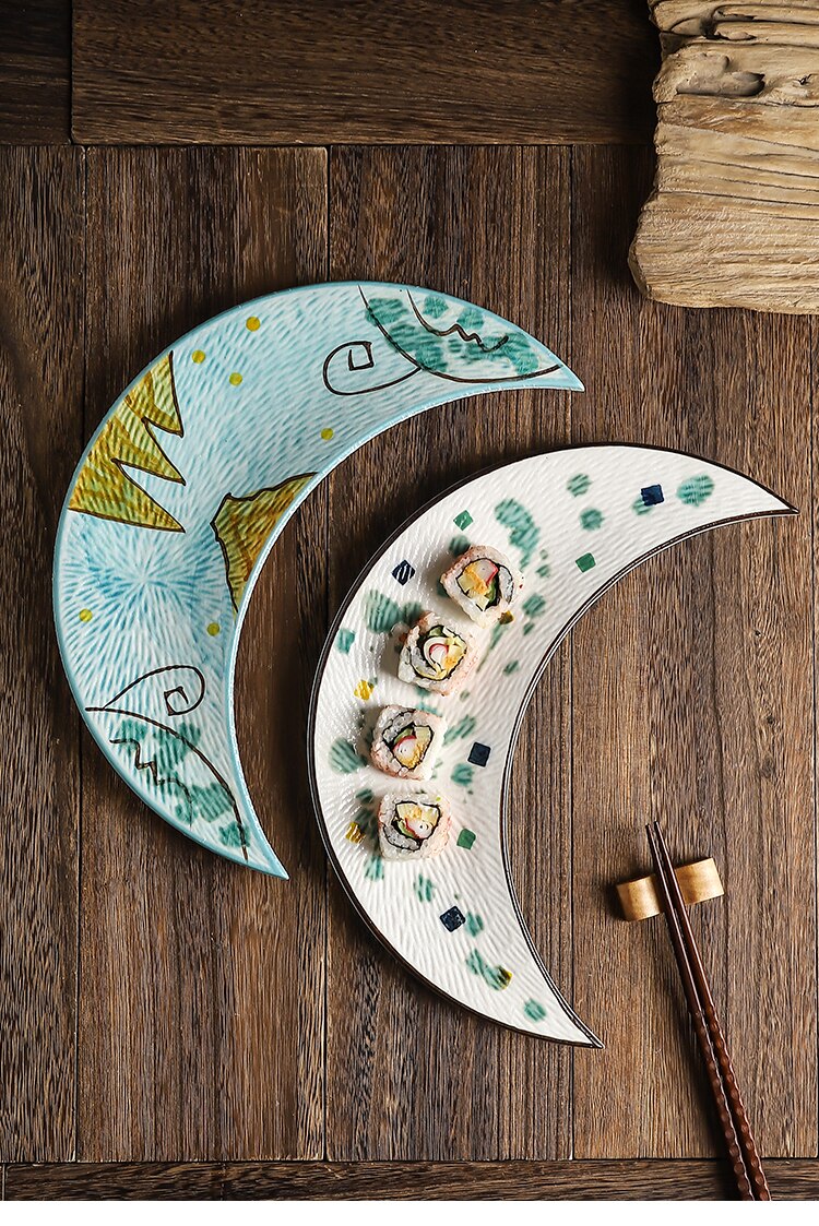 12 Inch Japanese Painted Ceramic Sushi Cuisine Moon Plate Simple Home Hotel Restaurant Japanese Sashimi Plate Kitchen Tableware