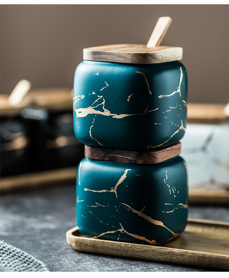 Nordic matte marbled ceramic seasoning cans single salt cans household seasoning box kitchen seasoning seasoning 3 piece set