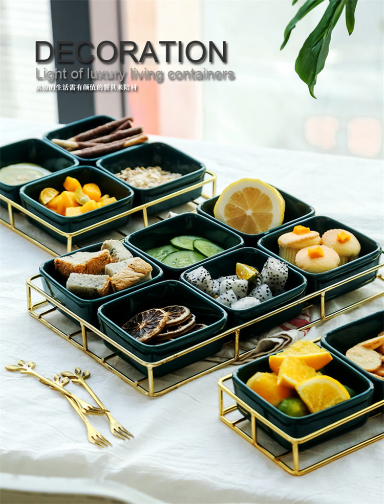 Nordic Luxury Emerald Ceramic Grid Snack Platter Simple Home Snack Nut Dessert Marmalade Tray Modern Home Living Roomstorage Box