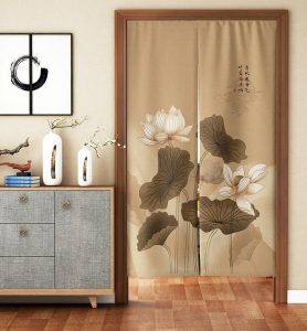 Muted Lotus Design Door Noren Curtain + Complimentary Curtain Pole – Multiple Dimensions Available