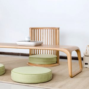 Original Zen Japanese Wooden Low Table and Matching Tall Chair With Green Tea Color Cushion