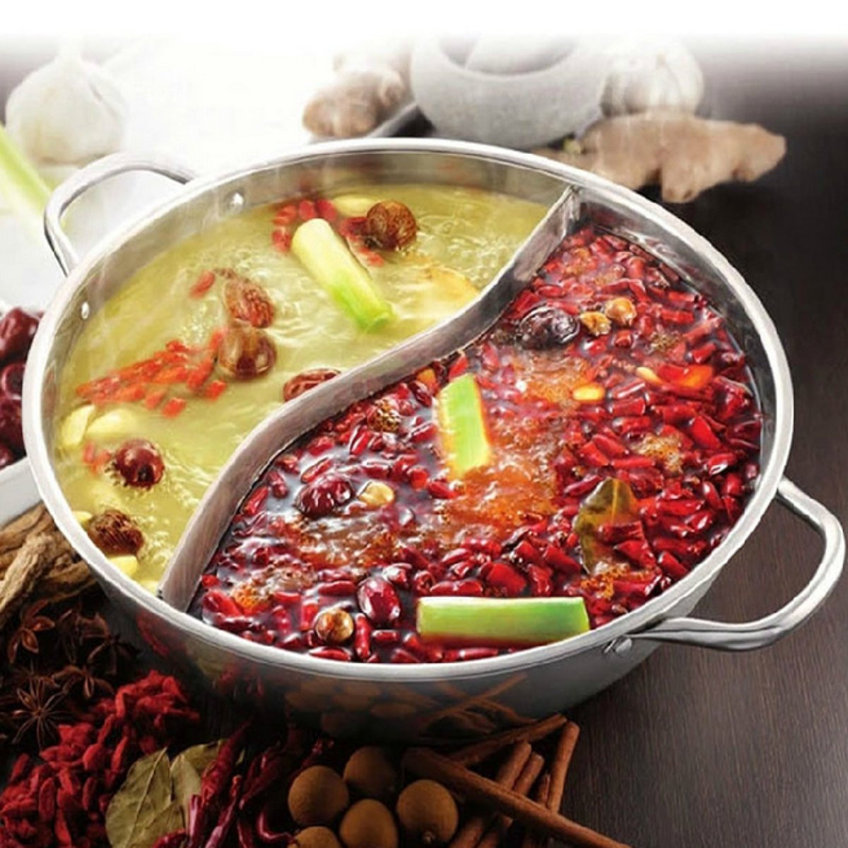 Chinese Hot Pot with Lid Thicken Stainless Steel 2 In 1 Divided Hotpot  Kitchen Cooking Pan