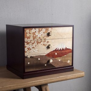Authentic Japanese Woodworker Yoshihiro Ishikawa Solid Wood Inlaid Mount Fuji Three Layer Storage Cabinet